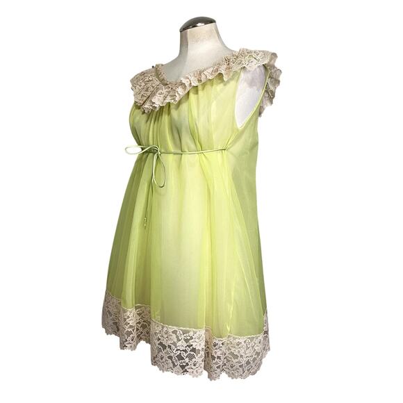 Ro-Vel of California 1960's Lime Baby Doll Sheer Lace Chiffon Nightgown - Picture 3 of 16